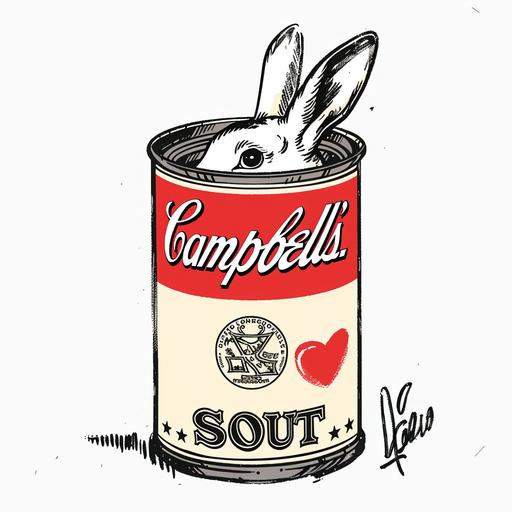 In the style of 80s pop culture cartoons,medium-weight sketch depicts Andy Warhol's re design Campbell's Soup poster with a rabbit head at its center, accompanied by a small heart icon and share symbol in the bottom right corner of the screen. Drawn by hand with a black ink pen, against a white background.