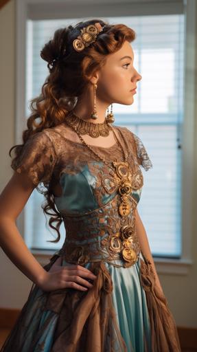 In the style of Alphonse Mucha, smoke and mirrors a tween Western granddaughter and her 55yo grandma.intricate Victorian-era ball gown and accessories.muted color of Dark amber and ice blue.waist-above shot, backhead, profile --chaos 5 --ar 9:16 --v 5.1