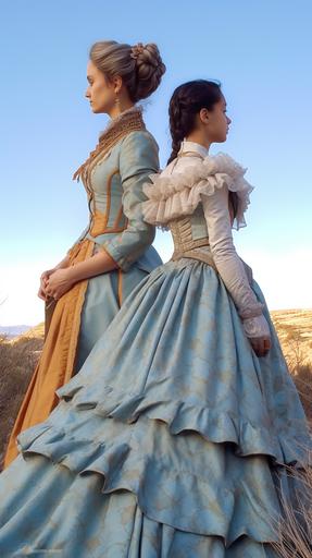 In the style of Edward Hopper, smoke and mirrors a tween Western granddaughter and her 55yo grandma.intricate Victorian-era ball gown and accessories.muted color of Dark amber and ice blue.waist-above shot, backhead, profile --chaos 5 --ar 9:16 --v 5.1