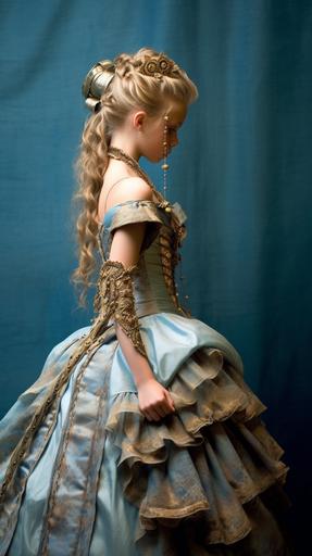 In the style of Frank Frazetta, smoke and mirrors a tween Western granddaughter and her 55yo grandma.intricate Victorian-era ball gown and accessories.muted color of Dark amber and ice blue.waist-above shot, backhead, profile --chaos 5 --ar 9:16 --v 5.1