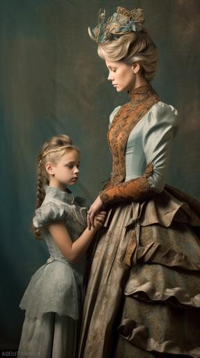 In the style of Frank Frazetta, smoke and mirrors a tween Western granddaughter and her 55yo grandma.intricate Victorian-era ball gown and accessories.muted color of Dark amber and ice blue.waist-above shot, backhead, profile --chaos 5 --ar 9:16 --v 5.1