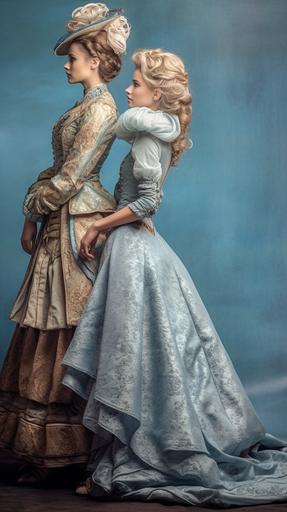 In the style of Frank Frazetta, smoke and mirrors a tween Western granddaughter and her 55yo grandma.intricate Victorian-era ball gown and accessories.muted color of Dark amber and ice blue.waist-above shot, backhead, profile --chaos 5 --ar 9:16 --v 5.1