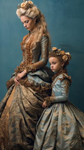 In the style of Masami Kurumada, smoke and mirrors a tween Western granddaughter and her 55yo grandma.intricate Victorian-era ball gown and accessories.muted color of Dark amber and ice blue.waist-above shot, backhead, profile --chaos 5 --ar 9:16 --v 5.1