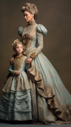 In the style of Masami Kurumada, smoke and mirrors a tween Western granddaughter and her 55yo grandma.intricate Victorian-era ball gown and accessories.muted color of Dark amber and ice blue.waist-above shot, backhead, profile --chaos 5 --ar 9:16 --v 5.1