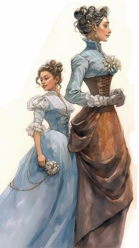 In the style of Milo Manara, smoke and mirrors a tween Western granddaughter and her 55yo grandma.intricate Victorian-era ball gown and accessories.muted color of Dark amber and ice blue.waist-above shot, backhead, profile --chaos 5 --ar 9:16 --v 5.1