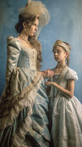 In the style of Milo Manara, smoke and mirrors a tween Western granddaughter and her 55yo grandma.intricate Victorian-era ball gown and accessories.muted color of Dark amber and ice blue.waist-above shot, backhead, profile --chaos 5 --ar 9:16 --v 5.1