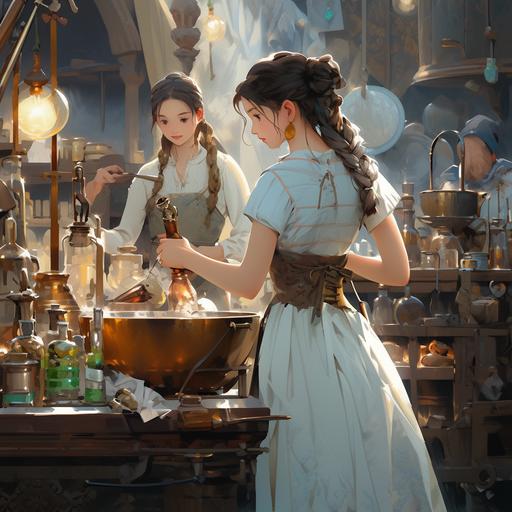 In the style of Pixar, Studio Ghibli, close-up, the princess and her maid in Victorian dresses: lush blue and simple green with an apron, sneak into the palace royal alchemist's workshop at night to carry away a small bronze magical alembic, small details, realism, anime, result 4 HD, cinematic photo, ray tracing, --niji 5