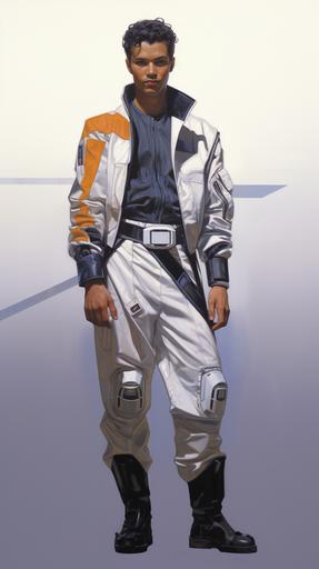 In the style of Syd Mead's illustrations, 80s-90s illustration style, retrofuturism, science-fiction. A young man living in the far future, he's in his early twenties, he's wearing a sleek sci-fi gray jumpsuit uniform, with gray gloves, a utility belt, and matching gray shoes. He is tall, athletic, with strong shoulders and a round, friendly face. He has short, soft, brown hair and gray-blue eyes. He's standing in a spaceport. Full-body image of the character. The concept is tinted in blue hues. --ar 9:16 --v 5.2 --q 2