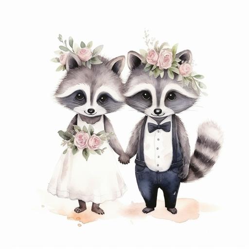 In the style of a children’s book watercolor illustration, two raccoons holding hands getting married, no background, simple, minimal details, the raccoons should have heads bigger than their body like chibi art