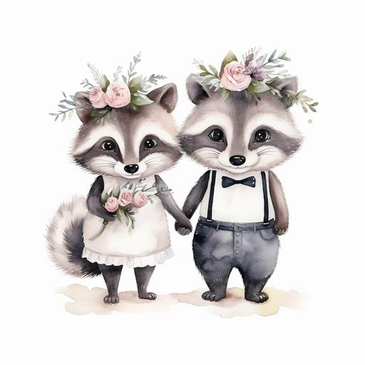 In the style of a children’s book watercolor illustration, two raccoons holding hands getting married, no background, simple, minimal details, the raccoons should have heads bigger than their body like chibi art