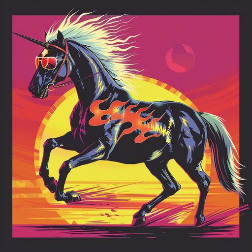 In the style of an 80s poster. A black stallion with flame decals on the side of it, legs raised in the air. The Horse has white spiked hair like Guy Fieri. The flame decals are huge and epic. The horse has an 80s vibe to it. It has sunglasses.