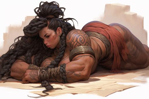 In the style of boris vallejo, rattan, Full body, Babylonian, muscular female fantasy dwarf bodybuilder, hips in air, lying on back, belly up, yoga, dwarvish proportions, thick short legs, long torso, big head, very long curly black hair, multiple big braids, thick eyebrows, big long nose, freckles, thick waist, wide hips, dark skin, let it go, let it go, gorgeous super-villain, dark gothic evil Disney Princess Elsa (Ed Benes Studio), bad-girl Elsa singing on the frozen bifrost bridge, symmetrical portrait, comic book art, very elegant, fantasy character art::1 splatter::-0.2 --ar 3:2 --niji 5