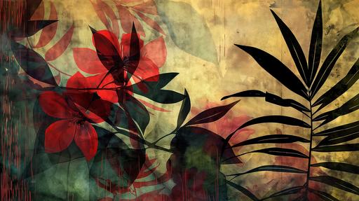 In the style of matisee simple tropical flowers and leaves, semi-abstract, layers and texture, collaged, use negative space, maintain empty areas as in japanese paintings make it restful spiritual mood colorful --ar 16:9 --v 6.0