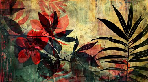 In the style of matisee simple tropical flowers and leaves, semi-abstract, layers and texture, collaged, use negative space, maintain empty areas as in japanese paintings make it restful spiritual mood colorful --ar 16:9 --v 6.0