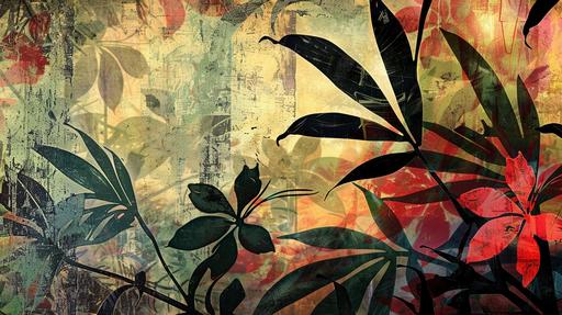 In the style of matisee simple tropical flowers and leaves, semi-abstract, layers and texture, collaged, use negative space, maintain empty areas as in japanese paintings make it restful spiritual mood colorful --ar 16:9