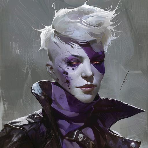 In the style of the comic book Monstress. A fantasy woman with ash white skin, white hair, and purple face markings. She is missing one eye. She has a scar over the missing eye. She is wearing a powerful looking leather overcoat. She has very short hair. Powerful, intimidating. She looks older, more mature.