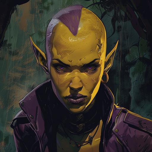 In the style of the comic book Monstress. A muscular woman with yellow skin skin, dark lips, purple eyes, ears that are in her head, and a half shaved hairstyle. She looks stern. Full body image. Fantasy. She's wearing a purple leather coat.