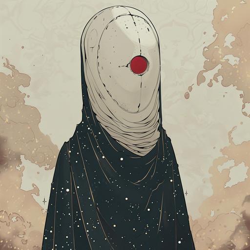 In the style of the comic book Monstress. A person in long flowing robes with a cylindrical white mask around his entire head. The mask is slender, with one red eye in the center. The robes look like stars. Fantasy. There is only one red eye on the mask.