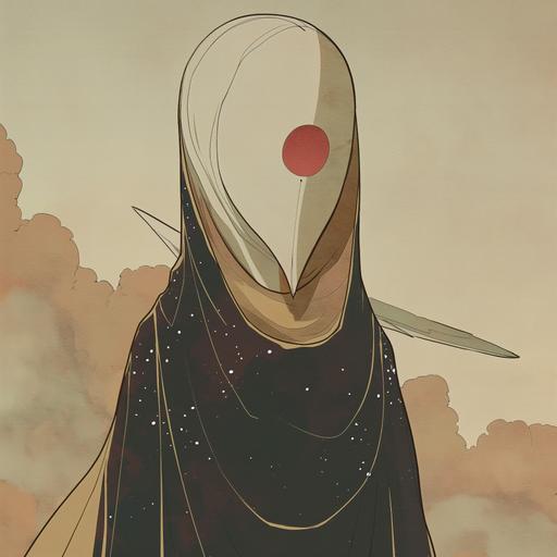In the style of the comic book Monstress. A person in long flowing robes with a cylindrical white mask around his entire head. The mask is slender, with one red eye in the center. The robes look like stars. Fantasy. There is only one red eye on the mask. The eye is a large vertical oval. --v 6.0