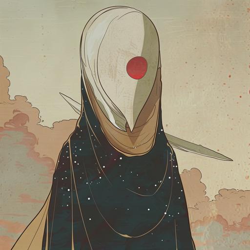 In the style of the comic book Monstress. A person in long flowing robes with a cylindrical white mask around his entire head. The mask is slender, with one red eye in the center. The robes look like stars. Fantasy. There is only one red eye on the mask. The eye is a large vertical oval.