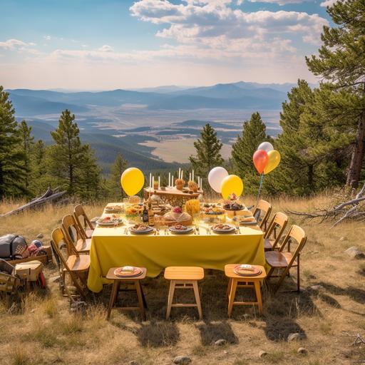 In the unique style of Wes Anderson, create a vibrant, whimsical, and meticulously symmetrical tableau representing a birthday celebration at the peak of Mount Helena, Montana. This picture should effortlessly blend the stark beauty of the Montana wilderness with the delicate charm of a quaint, offbeat party. Start with a sprawling, breathtaking panorama of the mountainous landscape. Include the angular inclines, and vast plains that stretch out in the distance. Now, weave in the oddly symmetrical patterns Anderson's films are known for, be it in the arrangement of boulders, or the lines of trees. At the center of the scene, arrange a pastel-hued party set-up. It should feel like a childlike mirage amidst the rugged terrain. Picture a long table draped in a checkered tablecloth, with colorfully wrapped presents stacked with mathematical precision. Birthday banners in retro font are strung up between lanky trees, slightly swaying in the mountain breeze. Seated at the table, you should illustrate a diverse ensemble of characters, each one uniquely styled, reflecting Anderson’s signature eccentric flair. They might include a melancholic birthday celebrant donned in a vintage suit, a co-host dressed as an explorer straight from 'The Life Aquatic with Steve Zissou', or a couple of children in scout uniforms from 'Moonrise Kingdom'. To add to the surrealism, involve an unlikely guest: perhaps a deer adorned with party hat, calmly nibbling on a piece of cake or a couple of foxes engaged in playful banter, a nod to 'Fantastic Mr. Fox'. Lastly, bring warmth to the scene with soft, golden lighting, as if the sun is perpetually setting on this whimsical gathering. Remember to inject your scene with subtle humor, charming oddities, and an undeniable sense of nostalgia. It's [...]