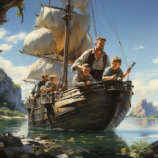 In the world of hyper-realism, a father and his four, 4 kids bring life to a pirate ship on an azure lake. Firms hands grip the wheel, showing both sailor's grit and parental care. Children's faces, kissed by sun and wind, embody excitement and trust. Together, they sail, weaving adventure, unity, and boundless love. With Sea Amulets, the Helmsman leads his curious children on a pirate ship. Under the bright sun, they embark with eager eyes and hearts. United, they explore the sea's secrets, sharing the father's passion. Thus, the maritime journey begins, promising lasting beauty and wisdom. --s 750