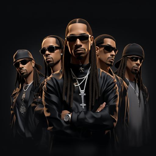 In this 3D scene, Bone Thugs-N-Harmony's members are brought to life with lifelike details. Each rapper's expressions, like raised eyebrows and subtle smirks, capture their unique personalities. Their intense gazes reflect years of dedication, framed by finely detailed eyebrows. Facial hair styles are distinct, adding character, and '90s-inspired hairstyles, such as braids and fades, enhance authenticity. Clothing details, like baggy jeans and oversized jerseys, are meticulously designed with rich textures and accessory details. Hands, casually tucked into pockets, are subtly detailed for a relaxed pose. The play of light and shadow highlights their faces, adding to the realism. The graffiti-covered wall in the backdrop enhances the visual experience. These human-like details make Bone Thugs-N-Harmony's members relatable and charismatic in this 3D setting. The scene, set against an East Coast hip-hop backdrop, captures their essence authentically and dynamically. For a closer look, imagine zooming into a real picture to see their expressions and styles up close.