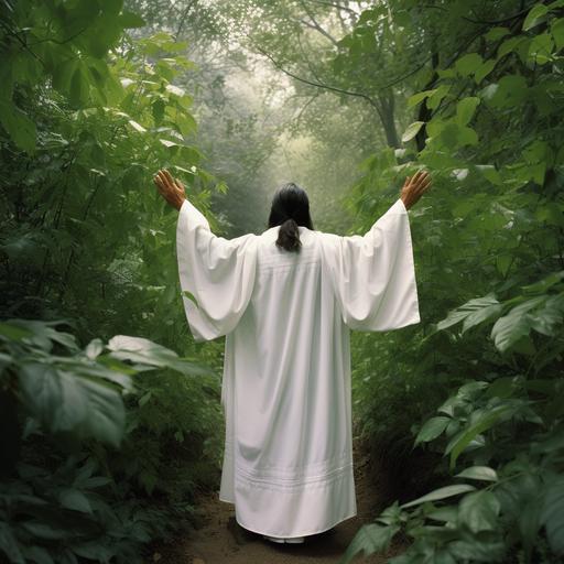 In this emotive, real-world photograph, a single saint native american stands facing away from the camera, adorned in a pristine white robe. Holding a lush green branch and lifting their hands in victory, the saint exudes excitement and triumph. This powerful image captures the essence of spiritual strength, inviting the viewer to share in the saint's joyous moment of overcoming challenges and embracing faith --v 5