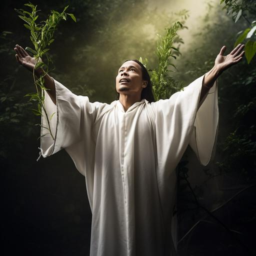 In this emotive, real-world photograph, a single saint native american stands facing away from the camera, adorned in a pristine white robe. Holding a lush green branch and lifting their hands in victory, the saint exudes excitement and triumph. This powerful image captures the essence of spiritual strength, inviting the viewer to share in the saint's joyous moment of overcoming challenges and embracing faith --v 5