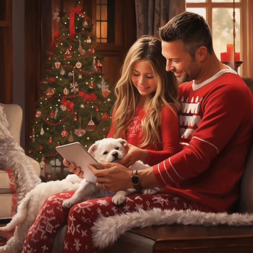 In this heartwarming scene, a woman and a young girl are embracing the festive spirit of Christmas in a beautifully decorated home. The woman, seated comfortably on the floor with her legs crossed, is wearing a bright red Christmas sweater adorned with a large white snowflake motif and matching red-and-white striped socks. She has a gentle smile on her face as she looks at the laptop screen before her. A young girl, possibly her daughter, stands close behind her, her arms wrapped affectionately around the woman's shoulders. The girl is also dressed for the occasion in a green Christmas sweater featuring red trim and holiday patterns, and her head is adorned with a red Santa hat, completing their festive attire.