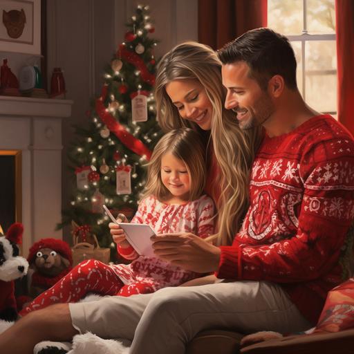 In this heartwarming scene, a woman and a young girl are embracing the festive spirit of Christmas in a beautifully decorated home. The woman, seated comfortably on the floor with her legs crossed, is wearing a bright red Christmas sweater adorned with a large white snowflake motif and matching red-and-white striped socks. She has a gentle smile on her face as she looks at the laptop screen before her. A young girl, possibly her daughter, stands close behind her, her arms wrapped affectionately around the woman's shoulders. The girl is also dressed for the occasion in a green Christmas sweater featuring red trim and holiday patterns, and her head is adorned with a red Santa hat, completing their festive attire.