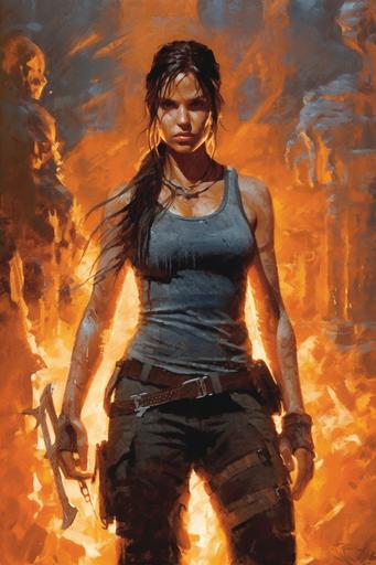 In this intricate oil painting, Lara Croft is envisioned as a D&D character, her usual athletic attire replaced with an adventurer's leather armor. A pair of black hand crossbows are in her hands, the strings just loosed, crossbow bolts streaking towards unseen dangers. Her determined expression reflects the glow of mysterious glyphs etched into the ancient Aztec tomb walls around her. The color scheme is earthy, punctuated by the golden light of torches that cast dramatic shadows across her figure and the detailed carvings of the tomb --ar 2:3 --s 750 --s 250 --q 2