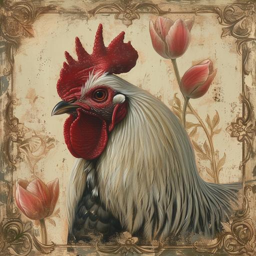 In this neoclassical oil canvas, the artist skillfully blends elements of classical elegance with a touch of whimsy, creating a captivating composition that pays homage to vintage simplicity and the beauty of nature. The central focus of the canvas is a meticulously rendered vector drawing of a rooster's head. Executed with neoclassical precision, the rooster's intricate features evoke a sense of regality and timelessness. The background unveils a subtle, vintage ambiance, reminiscent of aged parchment. Soft sepia tones add warmth to the canvas, creating a harmonious backdrop for the main subjects. delicate tulip illustrations, gracefully interspersed throughout the composition. --v 6.0