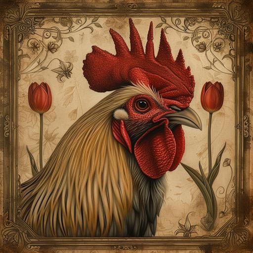 In this neoclassical oil canvas, the artist skillfully blends elements of classical elegance with a touch of whimsy, creating a captivating composition that pays homage to vintage simplicity and the beauty of nature. The central focus of the canvas is a meticulously rendered vector drawing of a rooster's head. Executed with neoclassical precision, the rooster's intricate features evoke a sense of regality and timelessness. The background unveils a subtle, vintage ambiance, reminiscent of aged parchment. Soft sepia tones add warmth to the canvas, creating a harmonious backdrop for the main subjects. delicate tulip illustrations, gracefully interspersed throughout the composition. --v 6.0