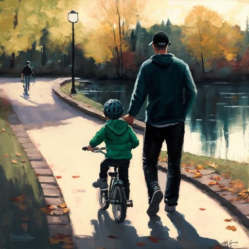 In this painting, we see a 35-year-old father wearing black athletic clothing, following his 2-year-old son who is dressed in a mint green shirt with a baseball cap that has the letter 