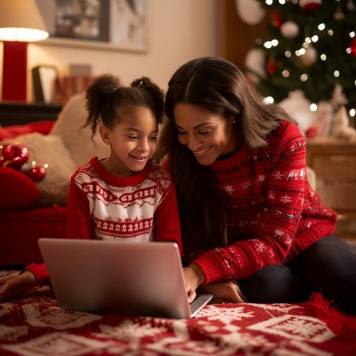 In this touching scene, a woman and a small girl embrace the festive spirit of Christmas in a beautifully decorated home. The woman, sitting comfortably on the floor with crossed legs, is wearing a striking red Christmas sweater with a large white snowflake pattern and matching red and white striped socks. She has a soft smile on her face as she looks at the laptop screen in front of her. The girl, possibly her daughter, is standing very close behind her, with her arms affectionately wrapped around the woman's shoulders. The girl is also dressed for the occasion with a green Christmas sweater with red trim and festive patterns, and her head is adorned with a red Santa hat, completing their festive attire.