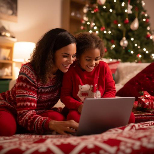 In this touching scene, a woman and a small girl embrace the festive spirit of Christmas in a beautifully decorated home. The woman, sitting comfortably on the floor with crossed legs, is wearing a striking red Christmas sweater with a large white snowflake pattern and matching red and white striped socks. She has a soft smile on her face as she looks at the laptop screen in front of her. The girl, possibly her daughter, is standing very close behind her, with her arms affectionately wrapped around the woman's shoulders. The girl is also dressed for the occasion with a green Christmas sweater with red trim and festive patterns, and her head is adorned with a red Santa hat, completing their festive attire.