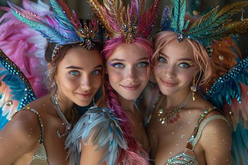 In town for a convention, Three beautiful dichroic-haired female cosplayer fairies, photo-realistic, posing in *art deco clothing,* for a photo, enjoying the urban nightlife in Branson, Missouri --ar 3:2 --s 805 --v 6.0 --style raw