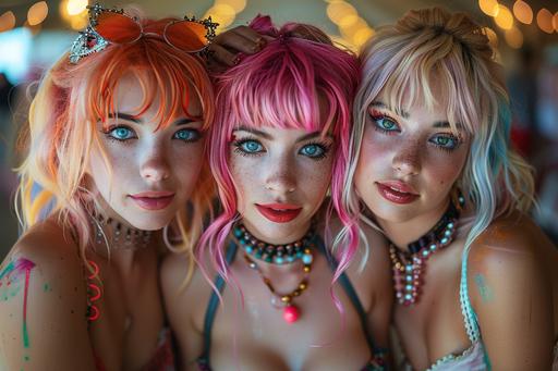 In town for a convention, Three beautiful neon-haired female cosplayer fairies, photo-realistic, posing in *art deco clothing,* for a photo, enjoying the urban nightlife in Branson, Missouri --ar 3:2 --s 805 --v 6.0 --style raw
