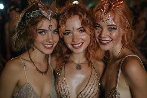In town for a convention, Three beautiful roygbiv-haired female cosplayer fairies, photo-realistic, posing in *art deco clothing,* for a photo, enjoying the urban nightlife in Branson, Missouri --ar 3:2 --s 805 --v 6.0 --style raw
