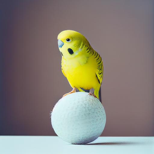 real photography, yellow budgie standing on a tennis ball, high resolution photo, ultra realistic, 8k, --chaos 50 --q 2 --v 4 --upbeta