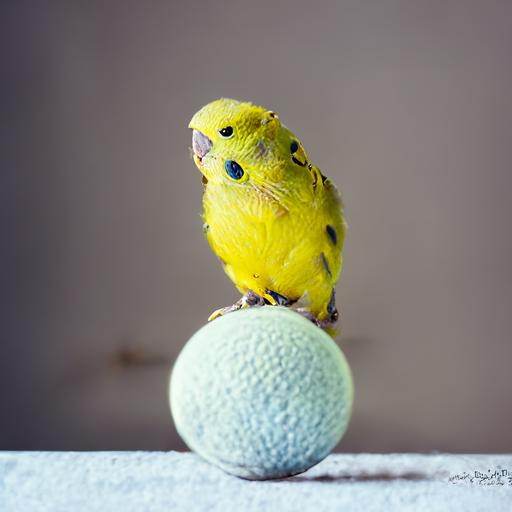 real photography, yellow budgie standing on a tennis ball, high resolution photo, ultra realistic, 8k, --chaos 50 --q 2 --v 4 --upbeta