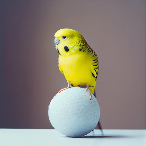 real photography, yellow budgie standing on a tennis ball, high resolution photo, ultra realistic, 8k, --chaos 50 --q 2 --v 4 --upbeta