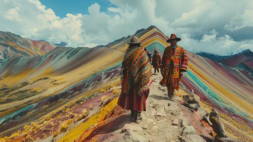 Incan warriors near the Vinicunca, or montain of seven colors, Tolkien inspired --chaos 10 --stylize 400 --v 6.0 --ar 16:9