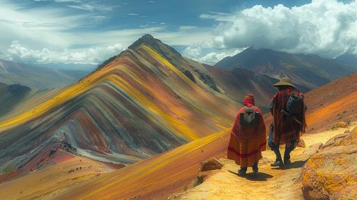 Incan warriors near the Vinicunca, or montain of seven colors, Tolkien inspired --chaos 10 --stylize 400 --v 6.0 --ar 16:9