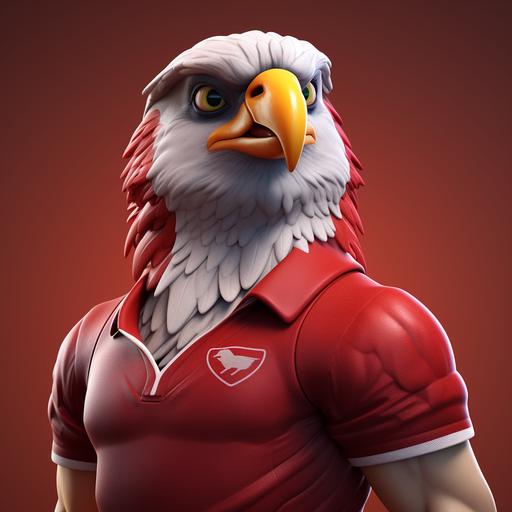 Incredibly lifelike falcon mascot of a sports company wearing a red t-shirt looking up front, its for a profile picture, he has to be muscular, he work for a sport company