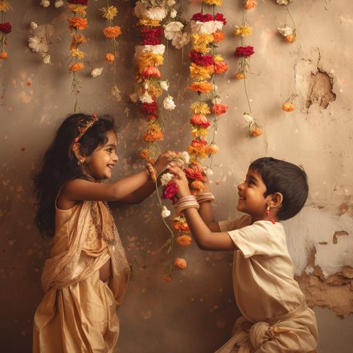 Indian children decorating wall with flowers festive real image
