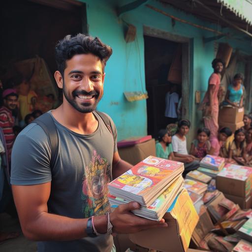 Indian guy Donating books or other educational materials