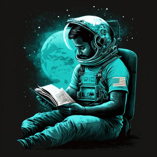 Indian man in space wearing cyan color t-shirt loves reading
