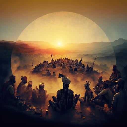Indians are sitting on a hill, panoramic landscape, sunset, smoking a hookah standing in a circle of people.
